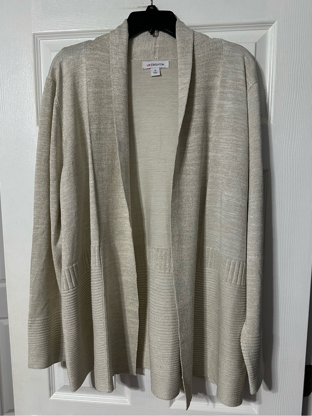 NWT Liz Claiborne Women Cream/Gold Sparkle Open-Front Ribbed Cardigan
